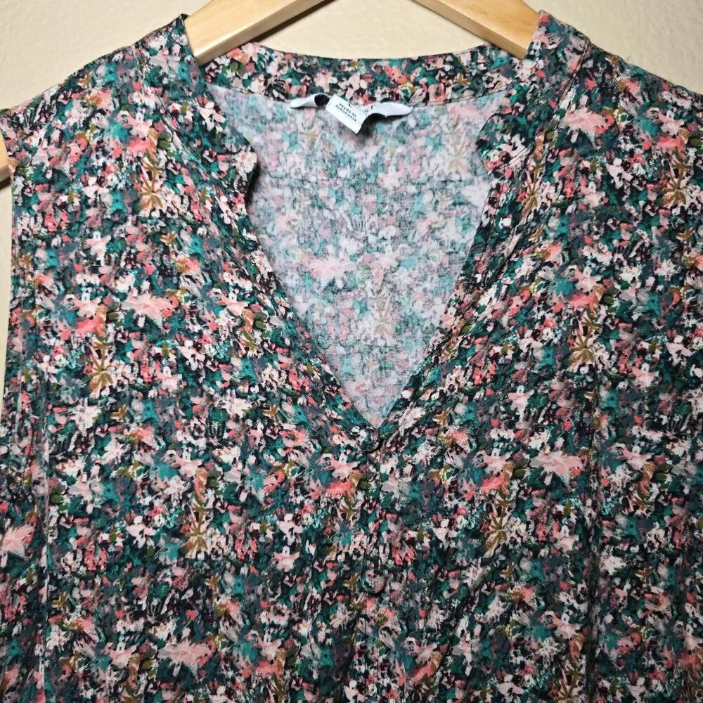 Nine West Floral Tiered Mini Dress Sleeveless V-Neck Pink Teal Black Women's Lrg